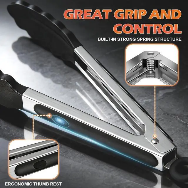 Alt view image 5 of 7 - TACGEA Stainless Steel Kitchen Tongs with Silicone Tips, Locking Grilling Food Tongs, 7" 9" and 12", Set of 3 Black