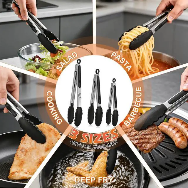Alt view image 6 of 7 - TACGEA Stainless Steel Kitchen Tongs with Silicone Tips, Locking Grilling Food Tongs, 7" 9" and 12", Set of 3 Black
