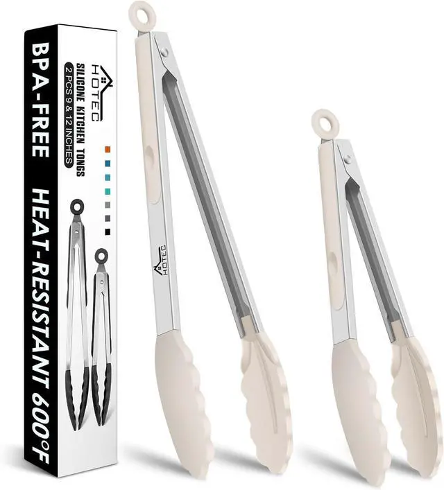 Main image of HOTEC Premium Stainless Steel Locking Kitchen Tongs with Silicon Tips, Set of 2-9" and 12",Khaki