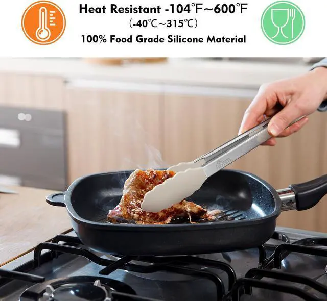 Alt view image 2 of 7 - HOTEC Premium Stainless Steel Locking Kitchen Tongs with Silicon Tips, Set of 2-9" and 12",Khaki