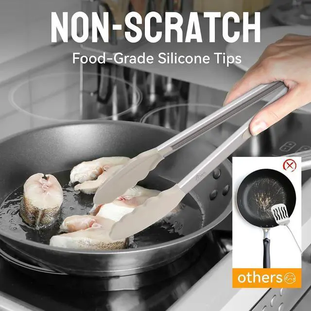 Alt view image 3 of 7 - HOTEC Premium Stainless Steel Locking Kitchen Tongs with Silicon Tips, Set of 2-9" and 12",Khaki