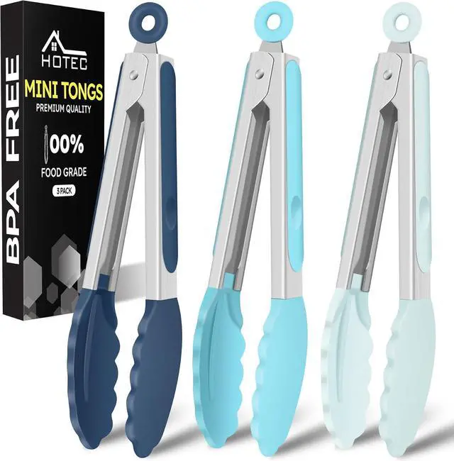 Main image of Hotec Mini Silicone Kitchen Tongs for Cooking - 7-Inch Small Serving Tongs with Silicone Tips, Set of 3 (Blue)