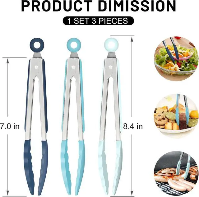 Alt view image 2 of 7 - Hotec Mini Silicone Kitchen Tongs for Cooking - 7-Inch Small Serving Tongs with Silicone Tips, Set of 3 (Blue)