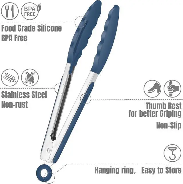 Alt view image 4 of 7 - Hotec Mini Silicone Kitchen Tongs for Cooking - 7-Inch Small Serving Tongs with Silicone Tips, Set of 3 (Blue)