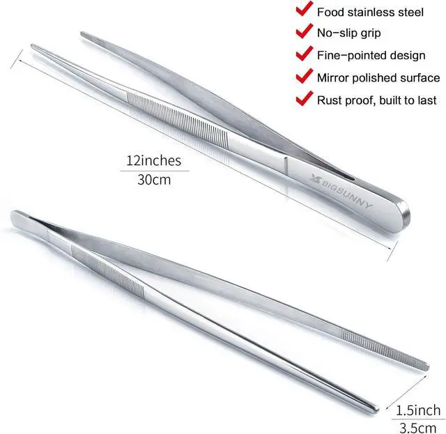 Alt view image 2 of 6 - 12 Inch Kitchen Tweezers Fine Tweezer Tongs, MSY BIGSUNNY Stainless Steel Food Tweezers Multi-function Precision Serrated Tips Cooking Tongs Kitchen Serving Tong