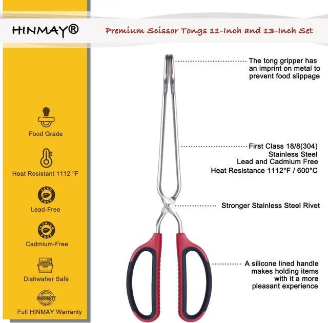 Alt view image 2 of 5 - HINMAY Stainless Steel Scissor Tongs 11-Inch and 13-Inch Set, Set of 2