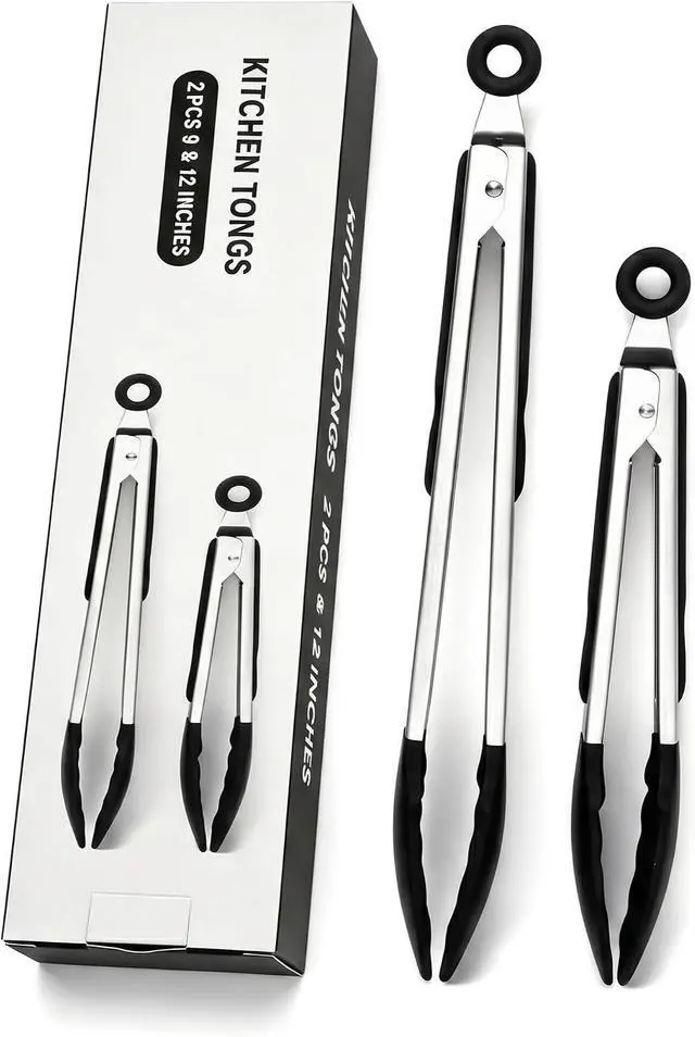 Main image of 2 Pack Black Kitchen Tongs, Stainless Steel Heat Resistant Food Tongs for Cooking, Non Scratch Silicone Tip for Pans, Strong Grip, Grab Food, Toss Salad, 9 + 12 Inch, Black