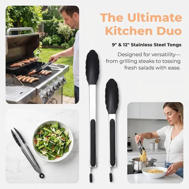 Alt view image 3 of 7 - 2 Pack Black Kitchen Tongs, Stainless Steel Heat Resistant Food Tongs for Cooking, Non Scratch Silicone Tip for Pans, Strong Grip, Grab Food, Toss Salad, 9 + 12 Inch, Black