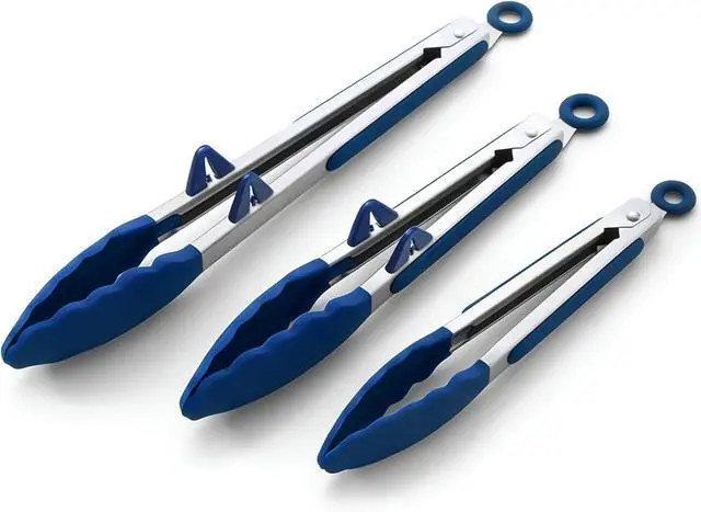 Main image of Kitchen Tongs for Cooking with Silicone Tips, 3 Size Serving Tongs, Blue