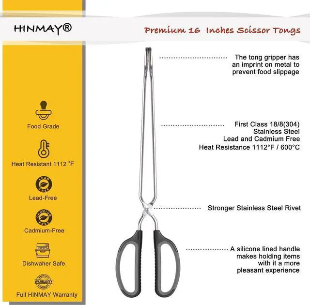 Alt view image 2 of 5 - HINMAY Scissor Tongs 16" Extra Long Stainless Steel Barbecue Grilling Tongs