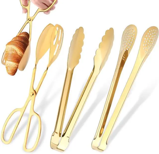 Main image of Serving Tongs,Stainless Steel Buffet Tongs, Kitchen Tongs Serving Utensils for Salad Buffet Appetizer Dessert Food Parties Wedding Party Catering, 3 Different Type Food Tongs(Gold)