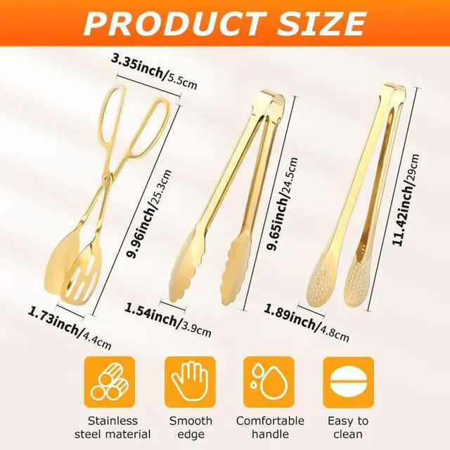 Alt view image 2 of 7 - Serving Tongs,Stainless Steel Buffet Tongs, Kitchen Tongs Serving Utensils for Salad Buffet Appetizer Dessert Food Parties Wedding Party Catering, 3 Different Type Food Tongs(Gold)