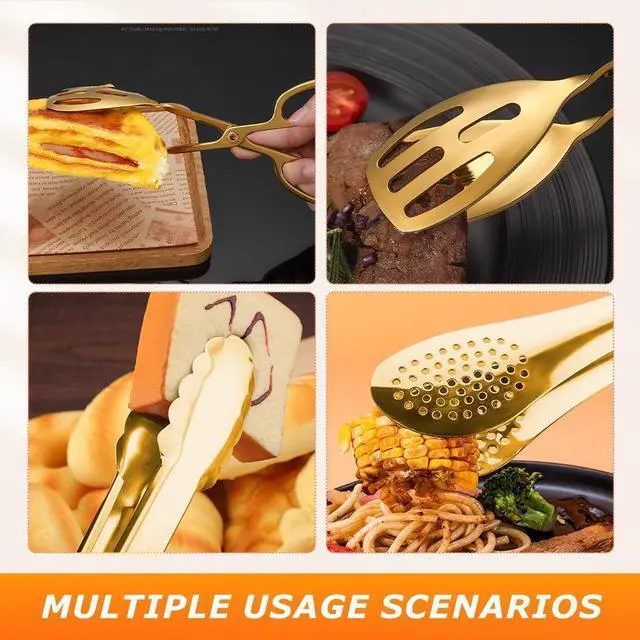 Alt view image 3 of 7 - Serving Tongs,Stainless Steel Buffet Tongs, Kitchen Tongs Serving Utensils for Salad Buffet Appetizer Dessert Food Parties Wedding Party Catering, 3 Different Type Food Tongs(Gold)