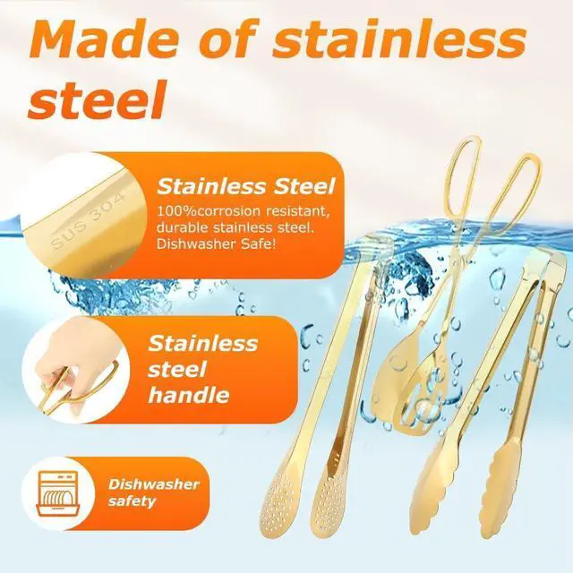 Alt view image 5 of 7 - Serving Tongs,Stainless Steel Buffet Tongs, Kitchen Tongs Serving Utensils for Salad Buffet Appetizer Dessert Food Parties Wedding Party Catering, 3 Different Type Food Tongs(Gold)