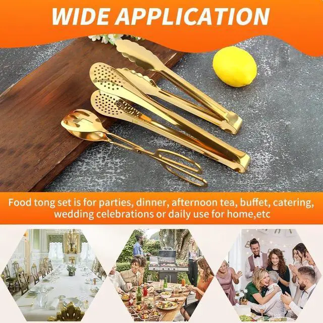 Alt view image 7 of 7 - Serving Tongs,Stainless Steel Buffet Tongs, Kitchen Tongs Serving Utensils for Salad Buffet Appetizer Dessert Food Parties Wedding Party Catering, 3 Different Type Food Tongs(Gold)