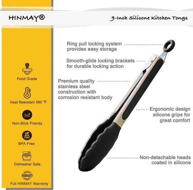 Alt view image 2 of 7 - HINMAY Serving Tongs 9" Cooking Tongs with Silicone Tips, Set of 3 (Black)