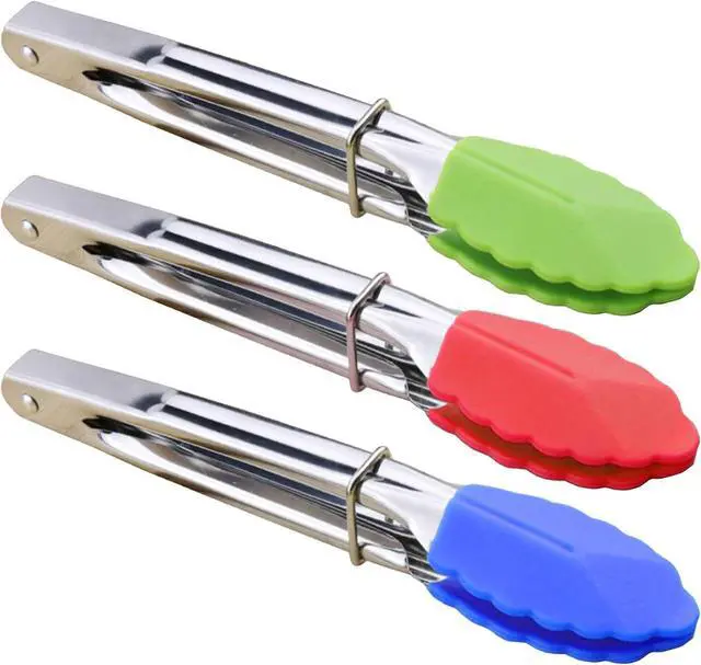 Main image of HINMAY 7-Inch Mini Tongs with Silicone Tips, Set of 3 (Green Red Blue)