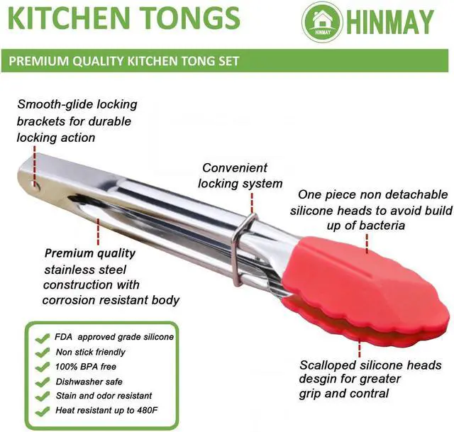 Alt view image 2 of 7 - HINMAY 7-Inch Mini Tongs with Silicone Tips, Set of 3 (Green Red Blue)