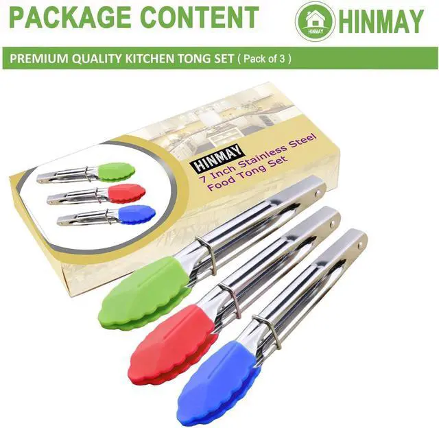 Alt view image 3 of 7 - HINMAY 7-Inch Mini Tongs with Silicone Tips, Set of 3 (Green Red Blue)