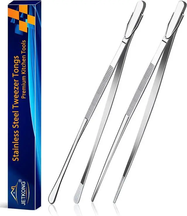 Main image of JETKONG 2 Pcs 12-Inch Kitchen Tweezers Fine Tweezer Tongs, Extra-Long Stainless Steel Cooking Tweezers (Silver)