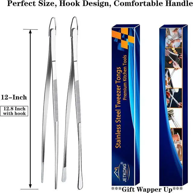 Alt view image 7 of 7 - JETKONG 2 Pcs 12-Inch Kitchen Tweezers Fine Tweezer Tongs, Extra-Long Stainless Steel Cooking Tweezers (Silver)