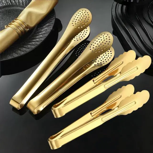 Alt view image 2 of 7 - 4 Pack Gold Serving Tongs, Stainless Steel 9 Inch Metal Buffet Food Tongs for Salad, BBQ, Cooking, Fruit