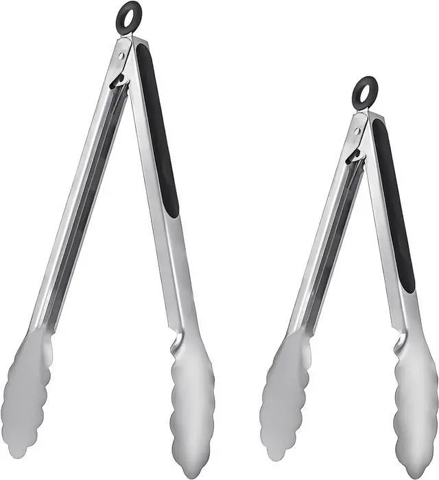 Main image of ALLTOP Metal Cooking Tongs,Stainless Steel Food Tong with No-slip Silicon and Locking Ring for Kitchen - 9 &12 inch,Set of 2-Black