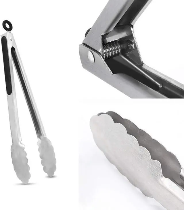 Alt view image 4 of 7 - ALLTOP Metal Cooking Tongs,Stainless Steel Food Tong with No-slip Silicon and Locking Ring for Kitchen - 9 &12 inch,Set of 2-Black