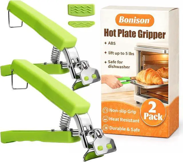 Main image of 2 Pack Hot Plate Gripper Clips Holder Tongs for Moving Hot Plate Bowls Pizza Pan Air Fryer Microwave Oven with Food Out, Green