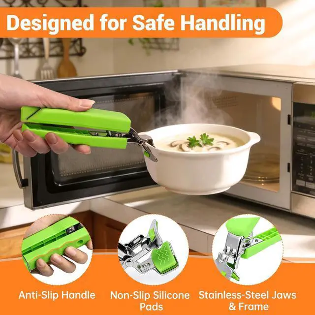 Alt view image 3 of 7 - 2 Pack Hot Plate Gripper Clips Holder Tongs for Moving Hot Plate Bowls Pizza Pan Air Fryer Microwave Oven with Food Out, Green