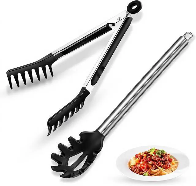 Main image of Spaghetti Spoon and Pasta Tong with Grip Teeth and Drain Holes, 2-Piece Non-Stick Silicone Head with Stainless Steel Handle, Heat Resistant Food Grade Utensils for Cooking, Serving, Salad and Noodles