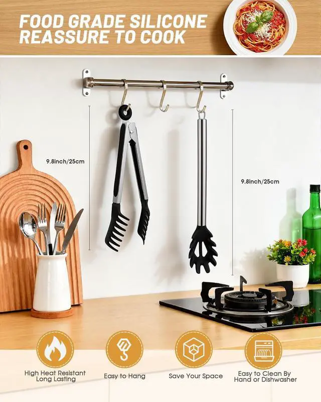 Alt view image 2 of 7 - Spaghetti Spoon and Pasta Tong with Grip Teeth and Drain Holes, 2-Piece Non-Stick Silicone Head with Stainless Steel Handle, Heat Resistant Food Grade Utensils for Cooking, Serving, Salad and Noodles