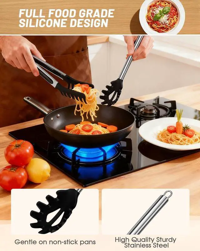 Alt view image 3 of 7 - Spaghetti Spoon and Pasta Tong with Grip Teeth and Drain Holes, 2-Piece Non-Stick Silicone Head with Stainless Steel Handle, Heat Resistant Food Grade Utensils for Cooking, Serving, Salad and Noodles