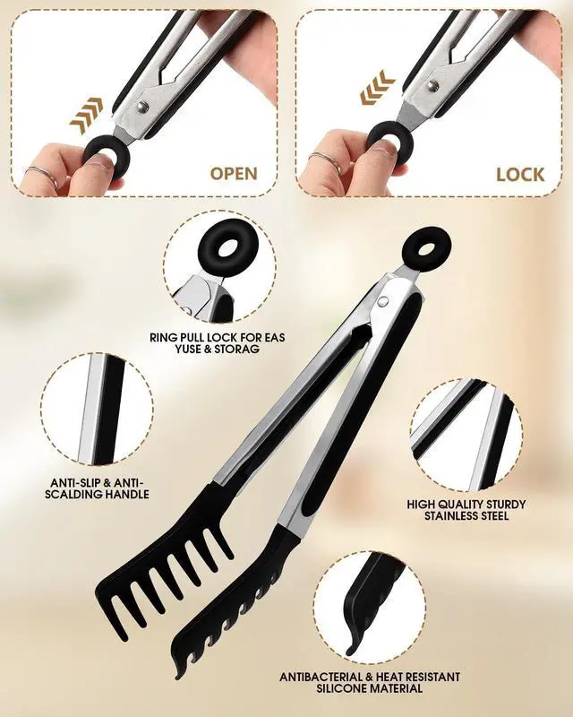 Alt view image 4 of 7 - Spaghetti Spoon and Pasta Tong with Grip Teeth and Drain Holes, 2-Piece Non-Stick Silicone Head with Stainless Steel Handle, Heat Resistant Food Grade Utensils for Cooking, Serving, Salad and Noodles