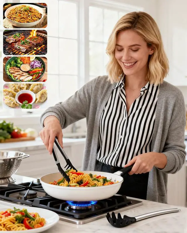 Alt view image 6 of 7 - Spaghetti Spoon and Pasta Tong with Grip Teeth and Drain Holes, 2-Piece Non-Stick Silicone Head with Stainless Steel Handle, Heat Resistant Food Grade Utensils for Cooking, Serving, Salad and Noodles
