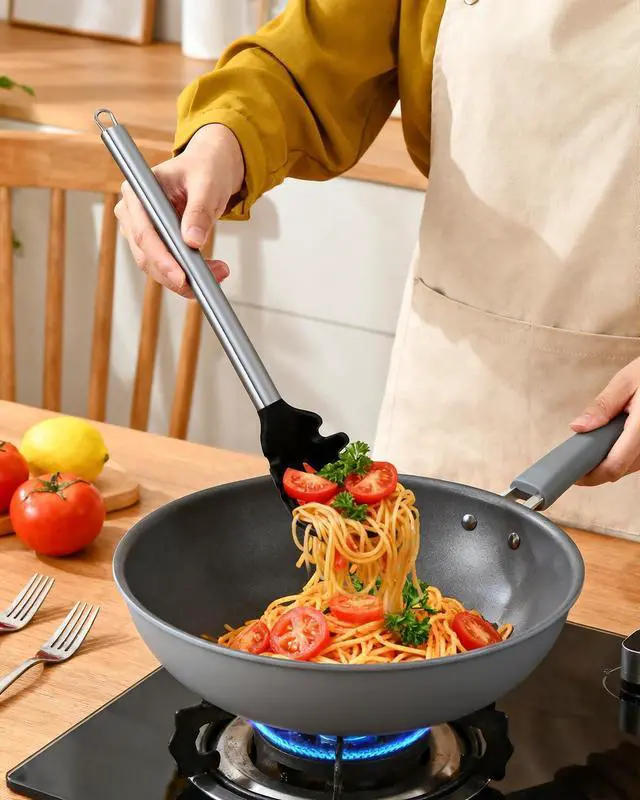 Alt view image 7 of 7 - Spaghetti Spoon and Pasta Tong with Grip Teeth and Drain Holes, 2-Piece Non-Stick Silicone Head with Stainless Steel Handle, Heat Resistant Food Grade Utensils for Cooking, Serving, Salad and Noodles