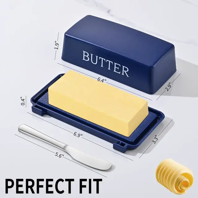Alt view image 2 of 7 - Butter Dishes With Lid And Stainless Steel Knife,Food Grade Plastic Butter Holder For Countertop,Blue Cheese Storage Keeper Container