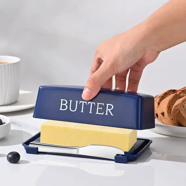 Alt view image 4 of 7 - Butter Dishes With Lid And Stainless Steel Knife,Food Grade Plastic Butter Holder For Countertop,Blue Cheese Storage Keeper Container
