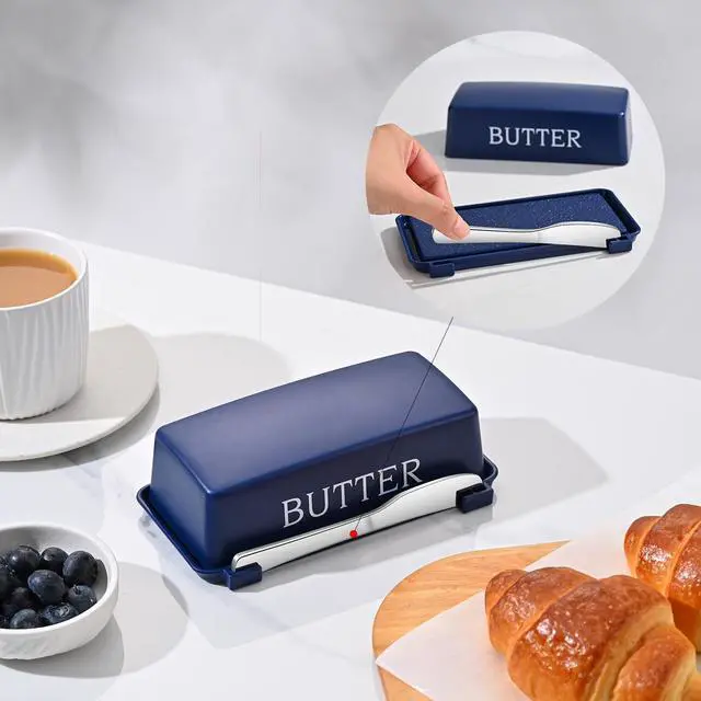Alt view image 3 of 7 - Butter Dishes With Lid And Stainless Steel Knife,Food Grade Plastic Butter Holder For Countertop,Blue Cheese Storage Keeper Container