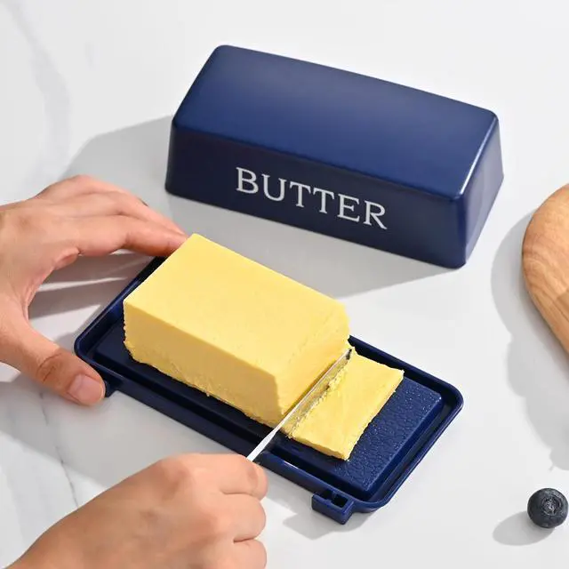 Alt view image 5 of 7 - Butter Dishes With Lid And Stainless Steel Knife,Food Grade Plastic Butter Holder For Countertop,Blue Cheese Storage Keeper Container