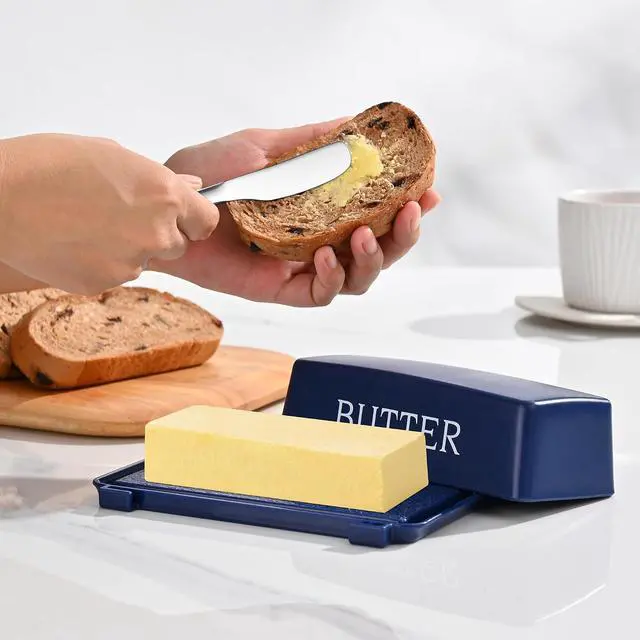 Alt view image 6 of 7 - Butter Dishes With Lid And Stainless Steel Knife,Food Grade Plastic Butter Holder For Countertop,Blue Cheese Storage Keeper Container