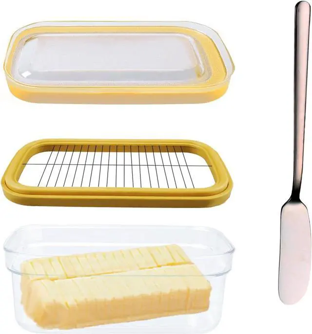 Main image of Butter Dish with Cutter & Lid, Airtight Butter Keeper Container with Stainless Steel Slicer Grid and Butter Fork for Refrigerator, Kitchen Counter Storage