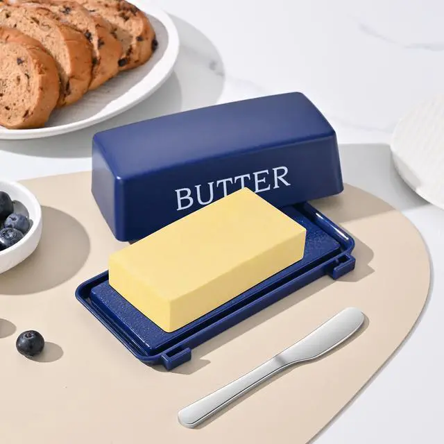 Alt view image 7 of 7 - Butter Dishes With Lid And Stainless Steel Knife,Food Grade Plastic Butter Holder For Countertop,Blue Cheese Storage Keeper Container