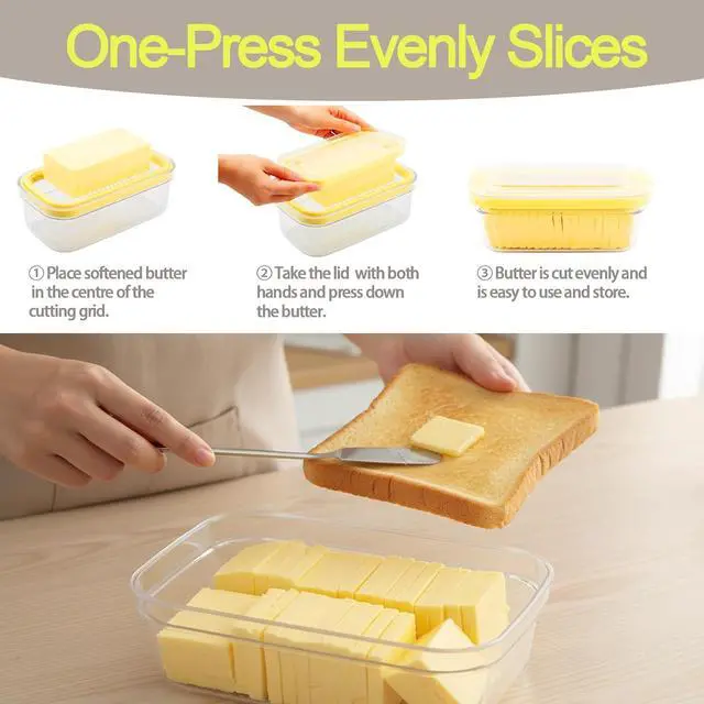 Alt view image 6 of 7 - Butter Dish with Cutter & Lid, Airtight Butter Keeper Container with Stainless Steel Slicer Grid and Butter Fork for Refrigerator, Kitchen Counter Storage