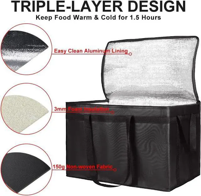 Alt view image 4 of 7 - Insulated Food Delivery Bag, XXXL Insulated Reusable Grocery Cooler/Hot Bags, Tote Bag for Shopping/Travel/Doordash, Catering Bag Doordash 22x14x13, Black, 1-Pack