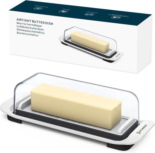 Main image of KITCHENDAO Airtight Butter Dish with Lid for Countertop and Refrigerator Door Shelf, Butter Keeper, Plastic Butter Holder Tray Container for West/East Coast Butter, White