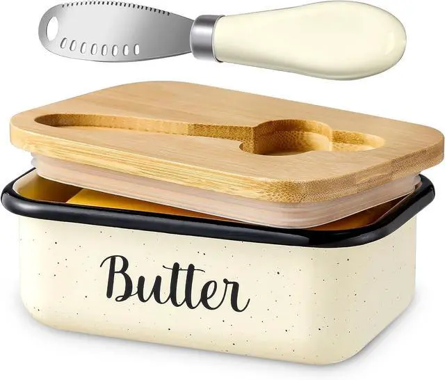Main image of LANDNEOO Butter Dish with Lid and Butter Curler Knife, Unbreakable Metal Keeper Container Double Silicone Sealing, Speckled White, 6.2'L x 4.2' W x 2.2' H, 2 Sticks Capacity, Stainless Steel, Bamboo