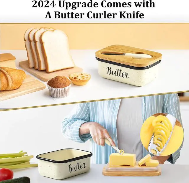 Alt view image 2 of 7 - LANDNEOO Butter Dish with Lid and Butter Curler Knife, Unbreakable Metal Keeper Container Double Silicone Sealing, Speckled White, 6.2'L x 4.2' W x 2.2' H, 2 Sticks Capacity, Stainless Steel, Bamboo