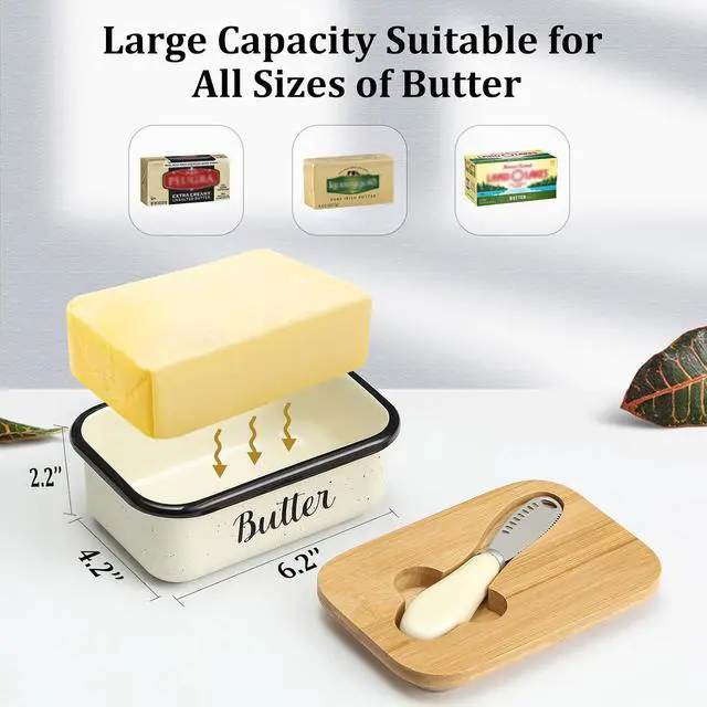Alt view image 3 of 7 - LANDNEOO Butter Dish with Lid and Butter Curler Knife, Unbreakable Metal Keeper Container Double Silicone Sealing, Speckled White, 6.2'L x 4.2' W x 2.2' H, 2 Sticks Capacity, Stainless Steel, Bamboo