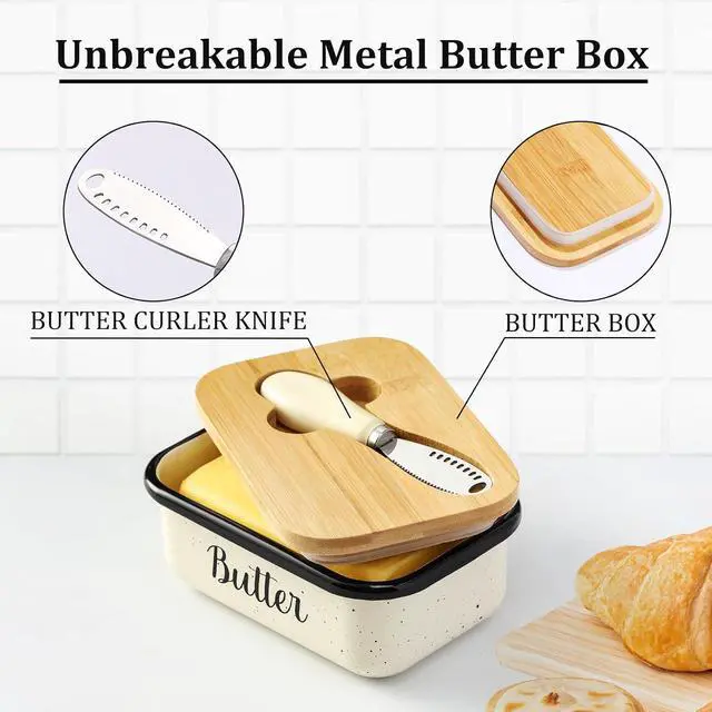 Alt view image 4 of 7 - LANDNEOO Butter Dish with Lid and Butter Curler Knife, Unbreakable Metal Keeper Container Double Silicone Sealing, Speckled White, 6.2'L x 4.2' W x 2.2' H, 2 Sticks Capacity, Stainless Steel, Bamboo